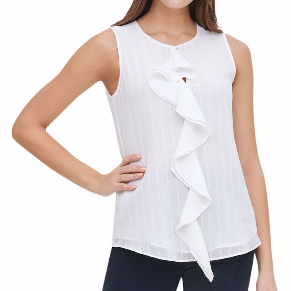 TOMMY HILFIGER White Sleeveless Ruffle Front Top M Lined Blouse - Picture 2 of 14